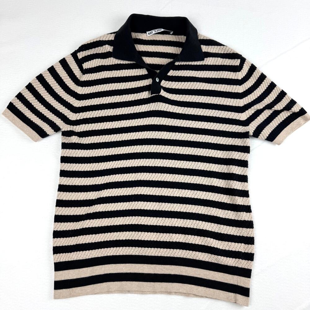 Mr Turk Retro Striped Knit Polo Shirt Black Khaki Short Sleeve Textured S